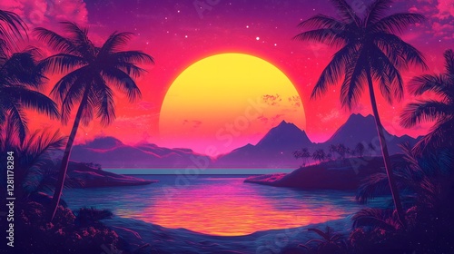 Retrowave illustration of a tropical sunset landscape in an 80s neon colored style