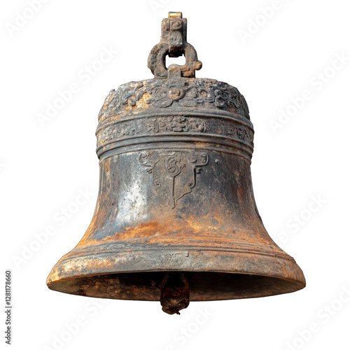Rusty and broken ceremonial bell of an old monastery isolated on transparent background