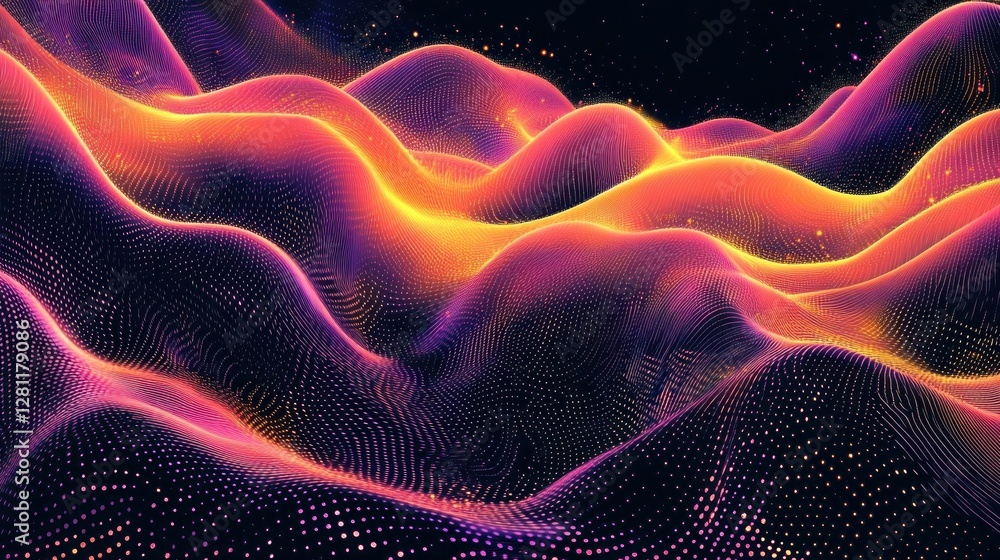 Fototapeta premium Abstract vibrant waves, glowing particles, digital landscape.