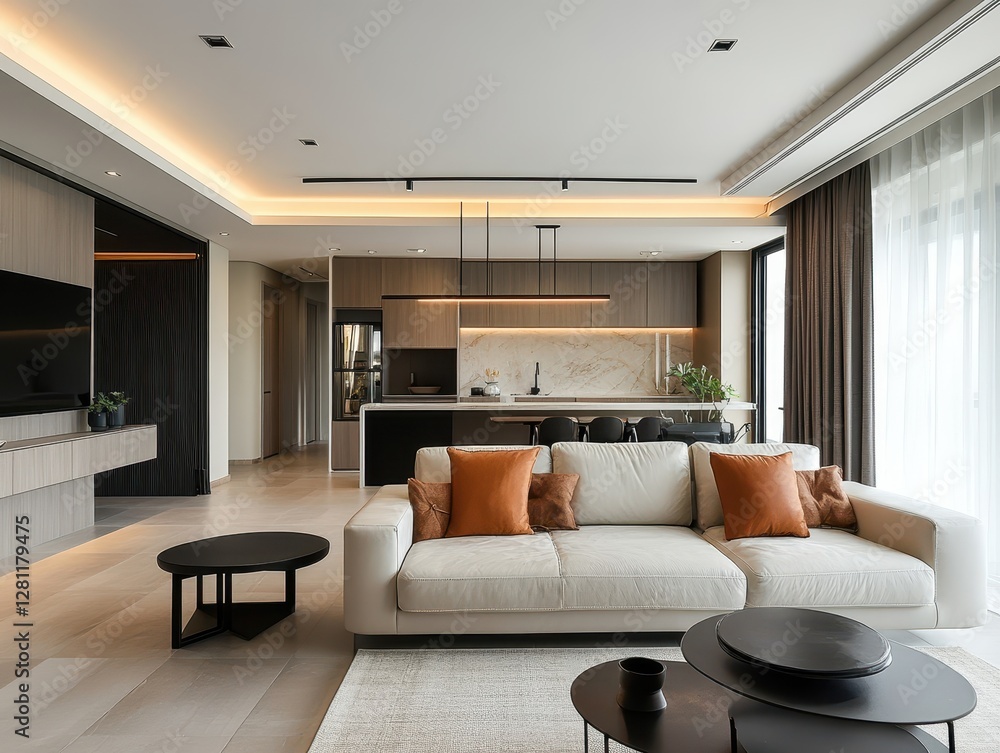 The contemporary design highlights this living room and kitchen area The contemporary design highlights this living room and kitchen area