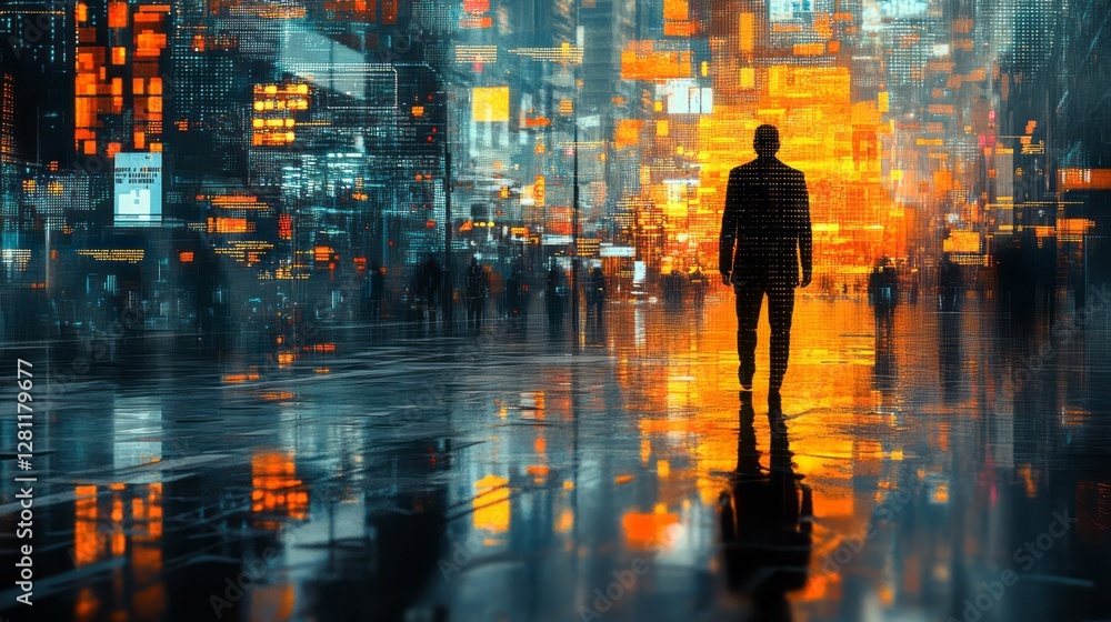 Obraz premium Businessman walking in a futuristic cyberpunk city at night