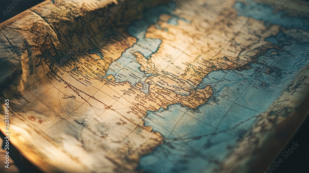 Obraz premium Close-up of antique world map, showing age and detail.