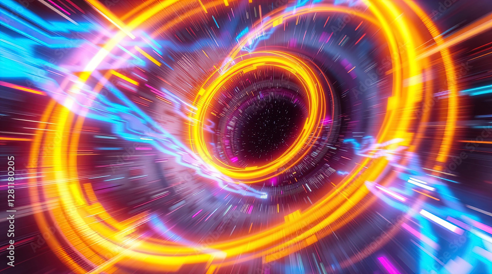 abstract astral corridor-portal with bright neon light effects, spirals of light