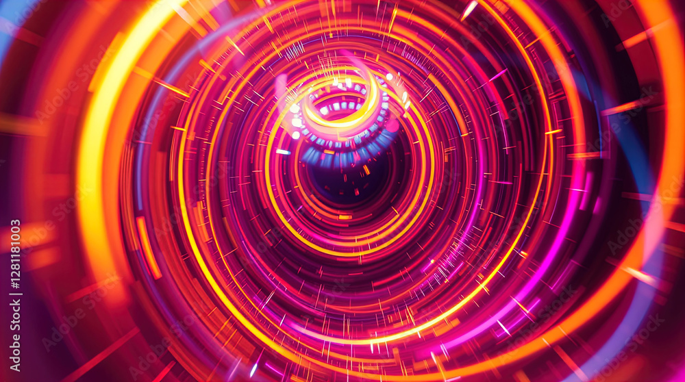 abstract astral corridor-portal with bright neon light effects, spirals of light