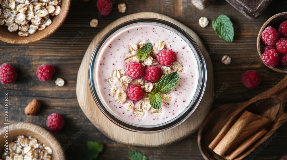 Raspberry yogurt parfait with granola and mint. Raspberry yogurt parfait with granola and mint.