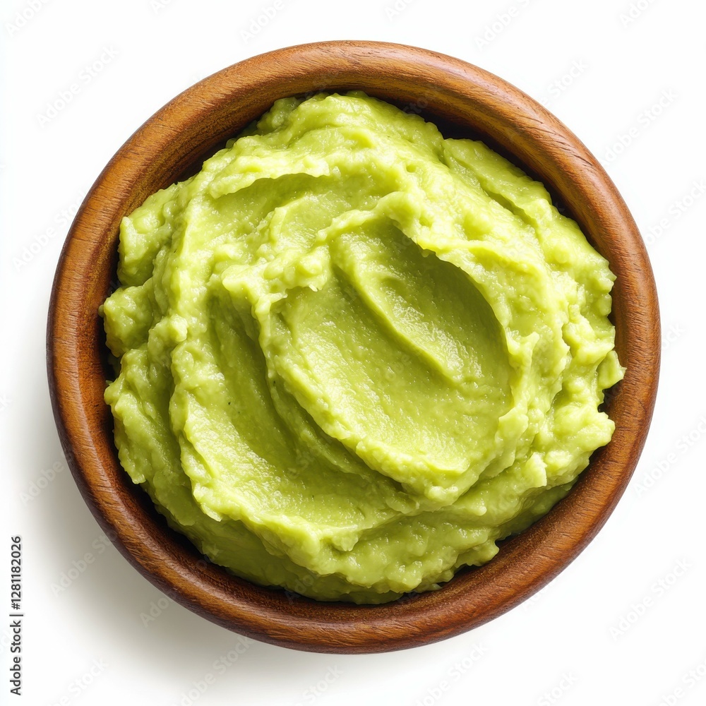 Mashed Avocado Cream in Wooden Bowl - Alligator Pear Guacamole Dip Mashed Avocado Cream in Wooden Bowl - Alligator Pear Guacamole Dip