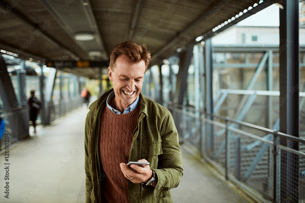 Mature man using a smart phone while waiting for his train at the train station