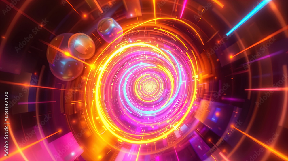 abstract astral corridor-portal with bright neon light effects, spirals of light