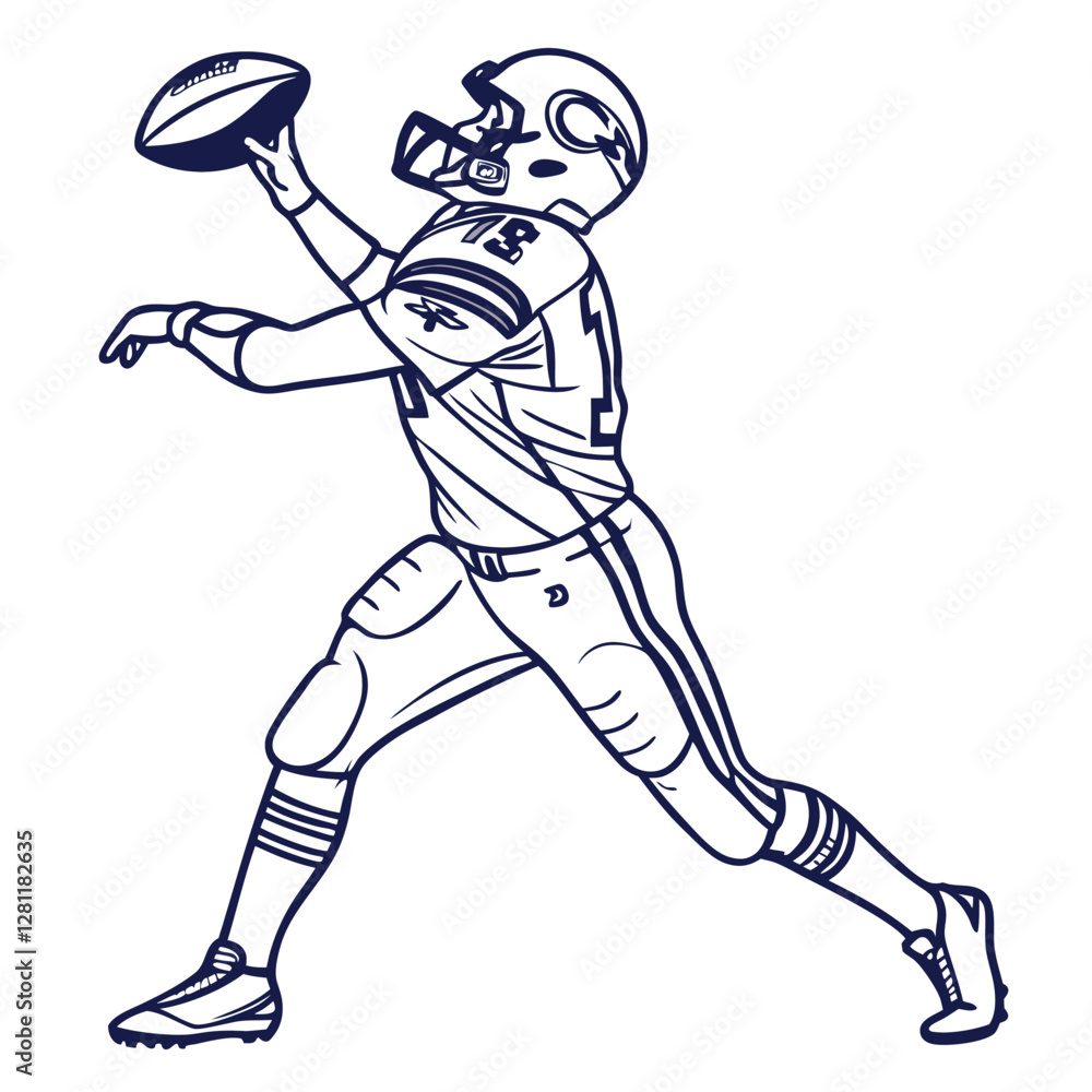 Fototapeta premium Football Quarterback Throwing Ball Line Art Illustration | Sports Graphic | Athlete in Action | Vector Drawing | Player with Helmet
