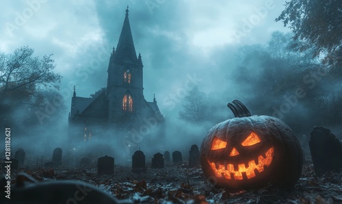 Eerie Jack-o-Lantern in Spooky Cemetery with Tombstones and Haunted Church on Foggy Halloween Night, Generative AI