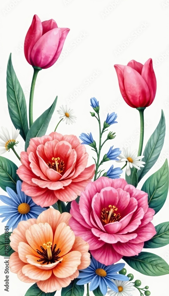Vibrant watercolor flower bouquet wallpaper with roses, tulips, and daisies, floral, nature Vibrant watercolor flower bouquet wallpaper with roses, tulips, and daisies, floral, nature