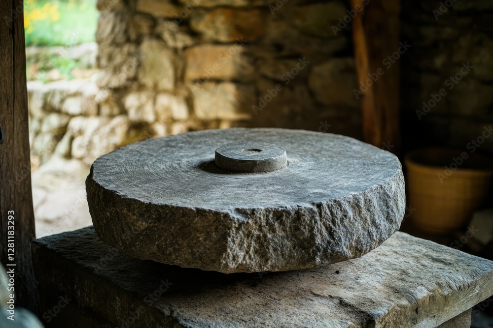 Medieval Grindstone: Closeup of Round Sandstone Tool for Grinding and Sharpening at Country House Medieval Grindstone: Closeup of Round Sandstone Tool for Grinding and Sharpening at Country House
