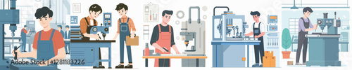 Vector of a young man working on a factory machine.