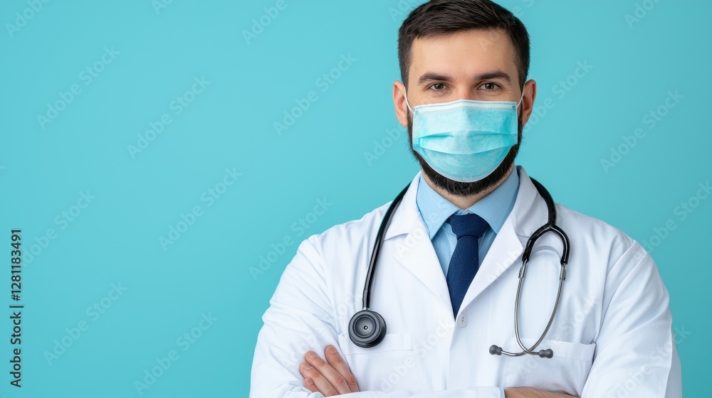 Professional doctor wearing a mask with stethoscope on teal background Professional doctor wearing a mask with stethoscope on teal background