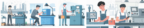 Vector of a young man working on a factory machine.