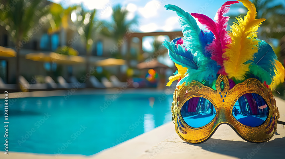 Fototapeta premium Colorful Mardi Gras mask and decorations near a resort pool, concept of carnival celebrations and festive pool parties