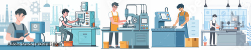 Vector of a young man working on a factory machine.