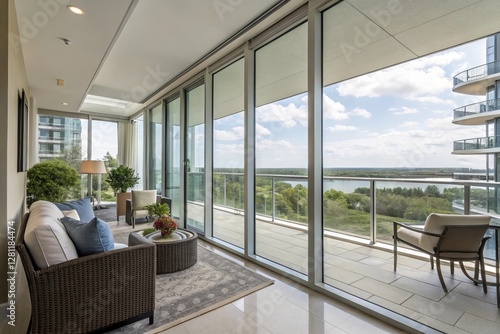 Luxury apartment balcony with floor-to-ceiling glass windows, stylish wicker furniture, and a panoramic view of nature and water, creating a serene and modern living space