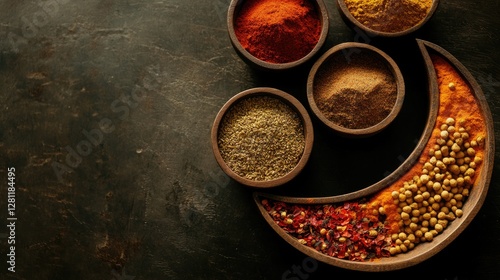 A birda??s-eye view of small bowls with aromatic Ramadan spices