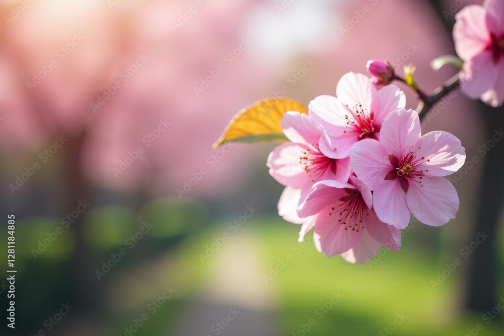 Obraz premium Blooming cherry blossoms on blurred garden background, nature, soft, petals