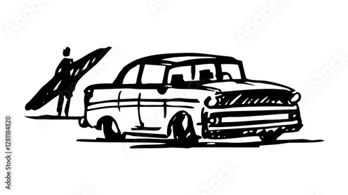 Sketch style illustration in rustic lines of a surfer's car with a surfer's silhouette next to it. Casual art.