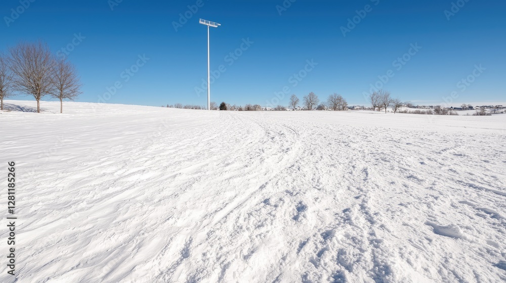 Obraz premium Snow-covered field with footprints under a clear blue sky on a bright winter day.