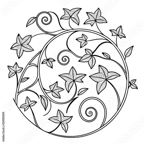 Ivy Circle Design: Elegant Black and White Floral Ornament, Botanical Vine Illustration, Nature Inspired Art, Decorative Plant Motif