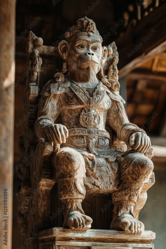 Monkey King Statue: Ancient Sculpture of Monkey King on the Throne