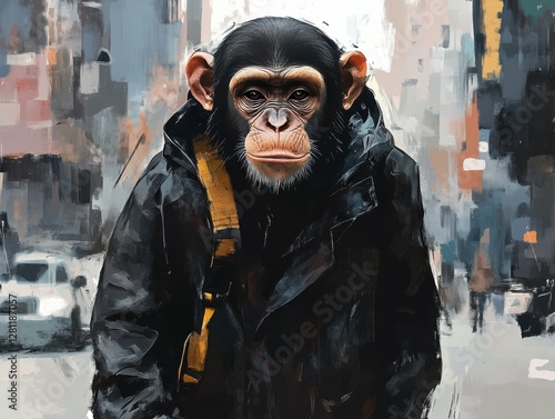 Monkey Walking in Stylish City Fashion. Ape Chimpanzee Gorilla Illustration photo