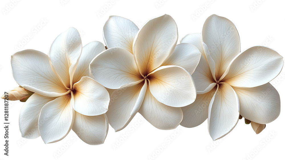 Fototapeta premium A beautiful white frangipani flower with a hint of yellow, isolated on white, showcasing its delicate petals and tropical charm