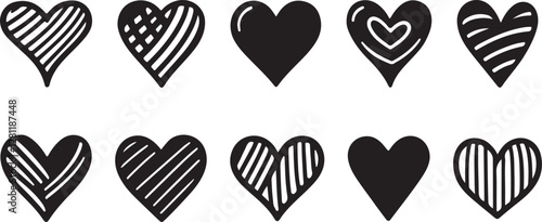 set of heart doodle icon silhouette symbol design vector art illustration