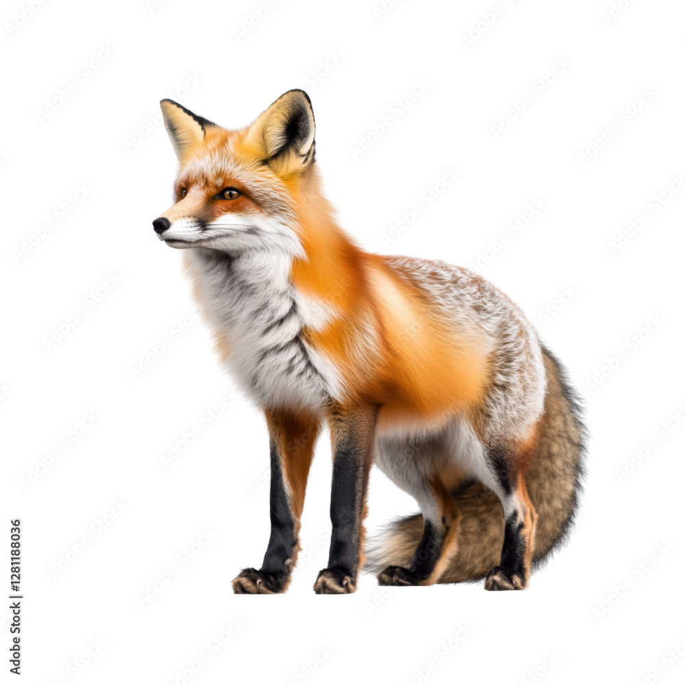 A red fox standing in profile, showing its detailed fur and natural appearance on a transparent background, png A red fox standing in profile, showing its detailed fur and natural appearance on a transparent background, png