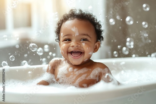 Joyful Black baby sitting in a bubbly bathtub, giggling with excitement, warm natural bathroom light, childhood innocence, African American baby, bathtub, fluffy bubbles, giggling