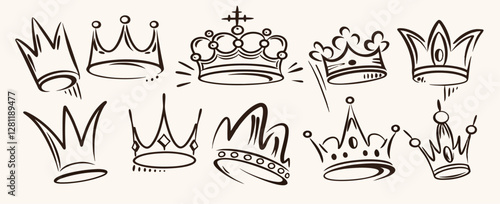 Hand-Drawn Crown Icons: 10 Sketch Styles.