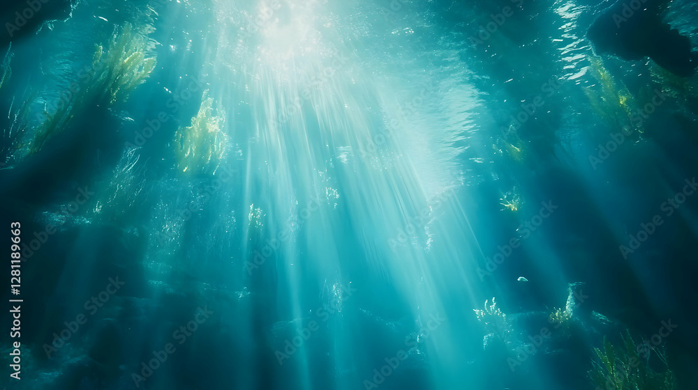 Obraz premium Sunlight piercing through the tranquil depths of the ocean creating ethereal scenery