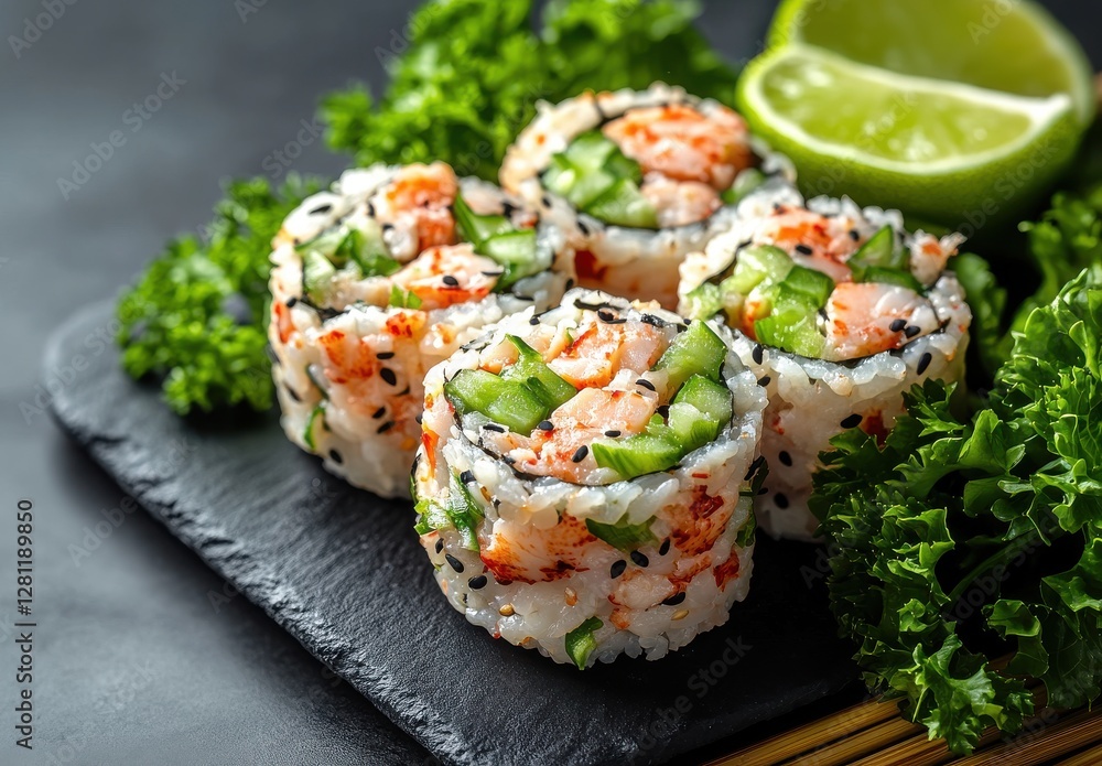 Fresh and Delicious Sushi Rolls with Shrimp, Cucumber, and Lime on a Slate Plate Surrounded by Green Garnish for Gourmet Cuisine Enthusiasts Fresh and Delicious Sushi Rolls with Shrimp, Cucumber, and Lime on a Slate Plate Surrounded by Green Garnish for Gourmet Cuisine Enthusiasts