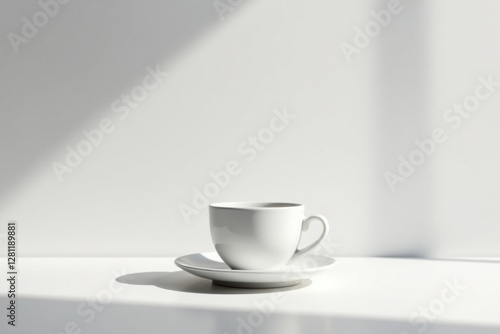 Wallpaper Mural A solitary white cup and saucer rest on a pristine white surface, bathed in the soft glow of natural light filtering through a window, creating a minimalist scene of tranquility and serenity. Torontodigital.ca