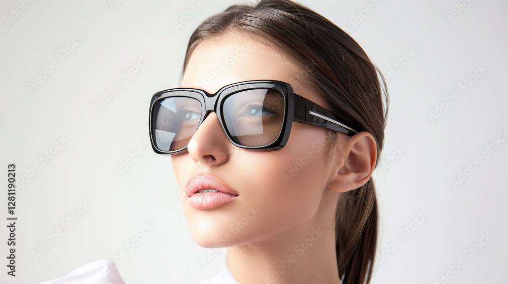 Fototapeta premium A Young Woman with Chic Black Glasses Isolated on White Background