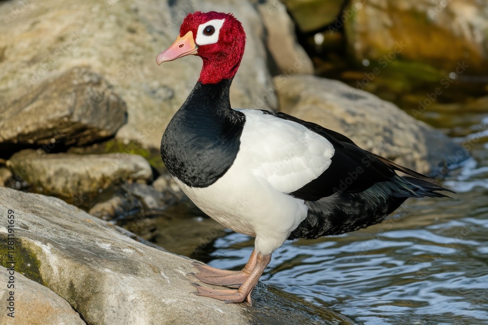 Fototapeta premium Muscovy Duck at The Duck Pond Park in Atlanta Georgia. Bird Standing on Rocks in Water
