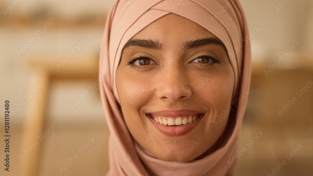 Happy toothy smiling with health white teeth carefree Arabian woman looking at camera at home office portrait Islamic lady Muslim Indian girl female in hijab smile face close up business businesswoman Happy toothy smiling with health white teeth carefree Arabian woman looking at camera at home office portrait Islamic lady Muslim Indian girl female in hijab smile face close up business businesswoman