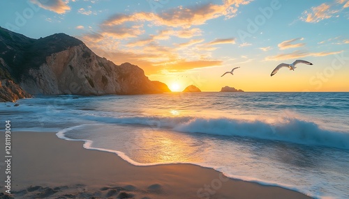 The ocean sunset features a beautiful beach with flying seagulls