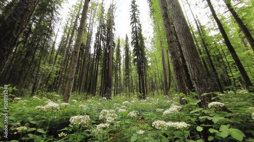 Wallpaper Mural A nature background showcasing a dense forest with towering trees, dappled sunlight filtering through the leaves, and a carpet of wildflowers, capturing the essence of untouched natural beauty 06 Torontodigital.ca