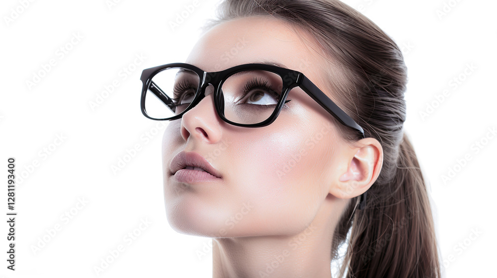A Young Woman with Stylish Black Glasses Isolated on White Background A Young Woman with Stylish Black Glasses Isolated on White Background