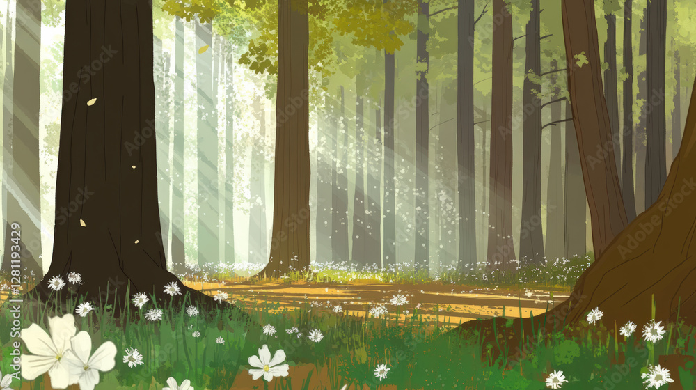 custom made wallpaper toronto digitalA nature background showcasing a dense forest with towering trees, dappled sunlight filtering through the leaves, and a carpet of wildflowers, capturing the essence of untouched natural beauty 10