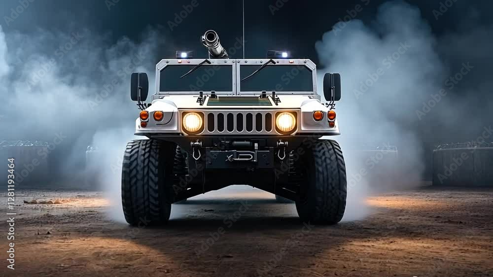Military Vehicle in Action: Powerful military vehicle, emerging from a cloud of smoke, embodies strength and resilience in a photorealistic, dynamic scene. Military Vehicle in Action: Powerful military vehicle, emerging from a cloud of smoke, embodies strength and resilience in a photorealistic, dynamic scene.
