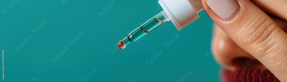 Fototapeta premium A person holds a dropper with a green liquid, poised to apply it close to their face against a teal background.