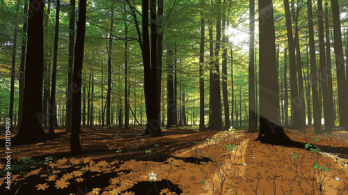Wallpaper Mural A nature background showcasing a dense forest with towering trees, dappled sunlight filtering through the leaves, and a carpet of wildflowers, capturing the essence of untouched natural beauty 15 Torontodigital.ca