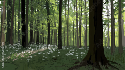 Wallpaper Mural A nature background showcasing a dense forest with towering trees, dappled sunlight filtering through the leaves, and a carpet of wildflowers, capturing the essence of untouched natural beauty 16 Torontodigital.ca