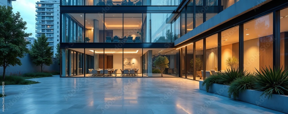 Obraz premium Stylish corporate office with modern glass facade and nested design elements, glass facade, office building, commerce