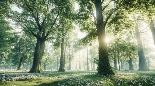 Wallpaper Mural A nature background showcasing a dense forest with towering trees, dappled sunlight filtering through the leaves, and a carpet of wildflowers, capturing the essence of untouched natural beauty 18 Torontodigital.ca